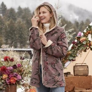 Sundance Coat Womens XL Jacket Sakari Floral Reversible Sherpa Hooded Tapestry